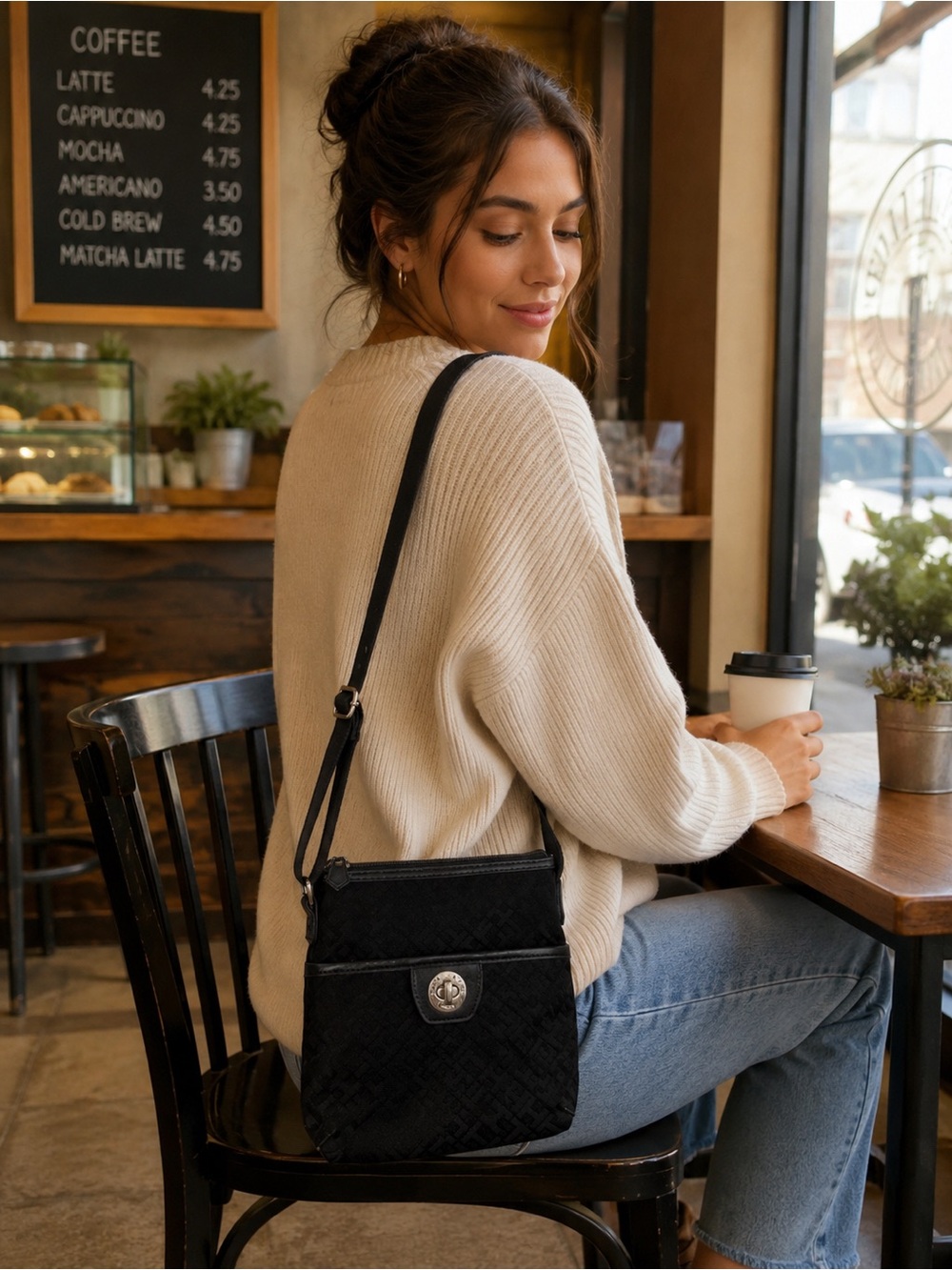 Tommy Hilfiger Black Logo Jacquard Crossbody Bag Turn Lock Adjustable Strap